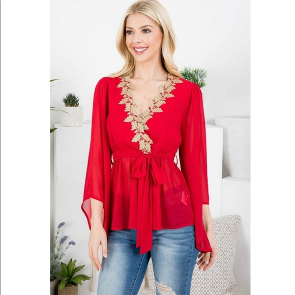 New! Sale 🎉Red chiffon Leaf Detail Trim Cinched Waist with Belt Angel Arms - Picture 5 of 9